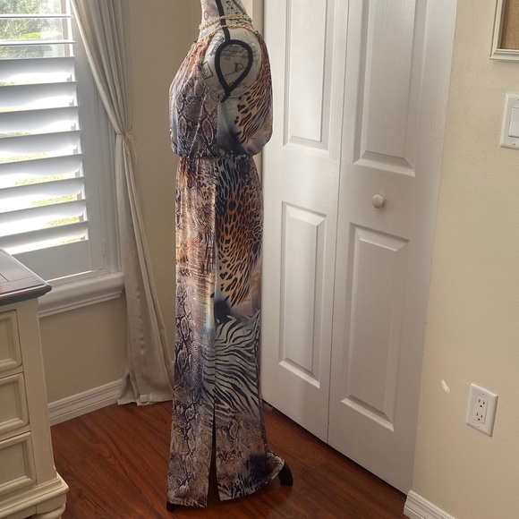 Venus Animal Print Maxi Dress Gold Chain Straps Elastic Waist XS - Picture 2 of 10